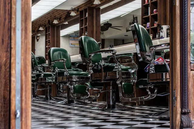 barbershop, chair, mirror, retro, tiles, vintage, interior, worn, cabinet, carpet, fan, retro style, luxury, barber, kettle, checkered, bottles, serpentine, decoration, workspace. Barbershop Equipment Financing: Should You Lease or Buy Chairs?
