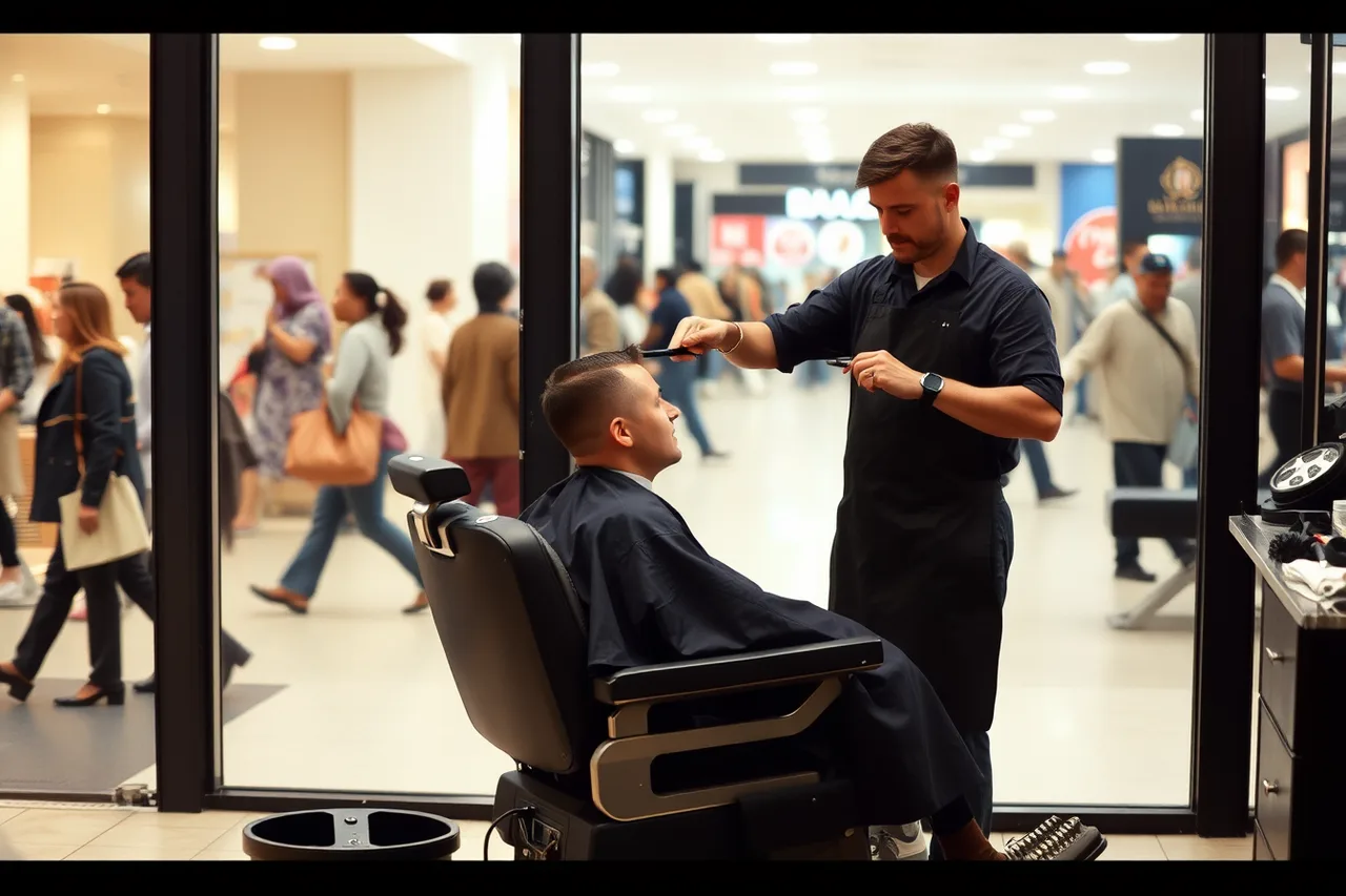 Barber cutting hair in mall barbershop chair with shoppers passing (Which Greater Toronto Area location keeps mall and main-street chairs full?)